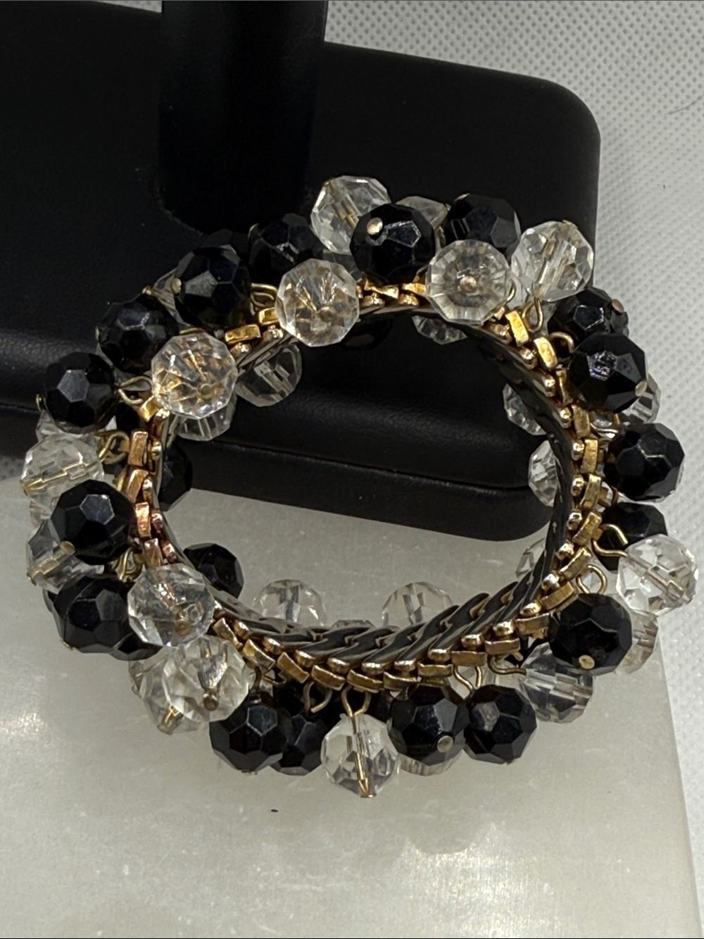 Vintage Black Clear lucite Beaded Stretch sweetheart watch style Bracelet